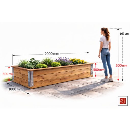 Közepes magaságyás lapraszerelve, korláttal: 100 cm x 200 cm x 50 cm – kerti magaságyás korlát
